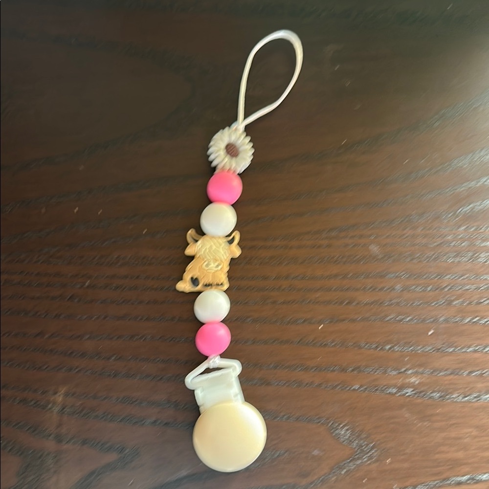Pink and Cream Beaded Pacifier Clip